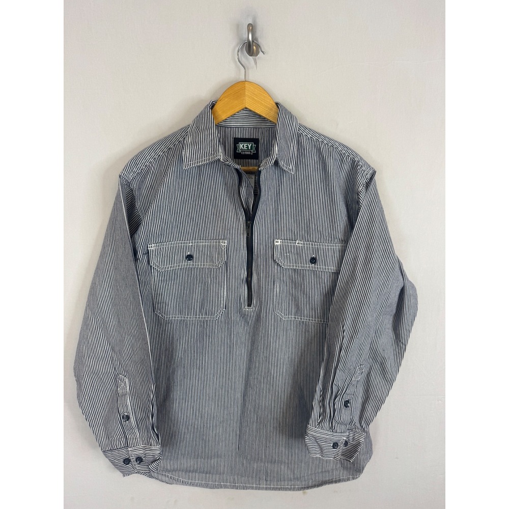 Key Est 1908 Mens Hickory Stripe Work Shirt Half Zip Pullover Blue White M